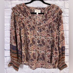 Cleobella Paisley Print Ruffle Blouse Boho Purple & Pink Size S